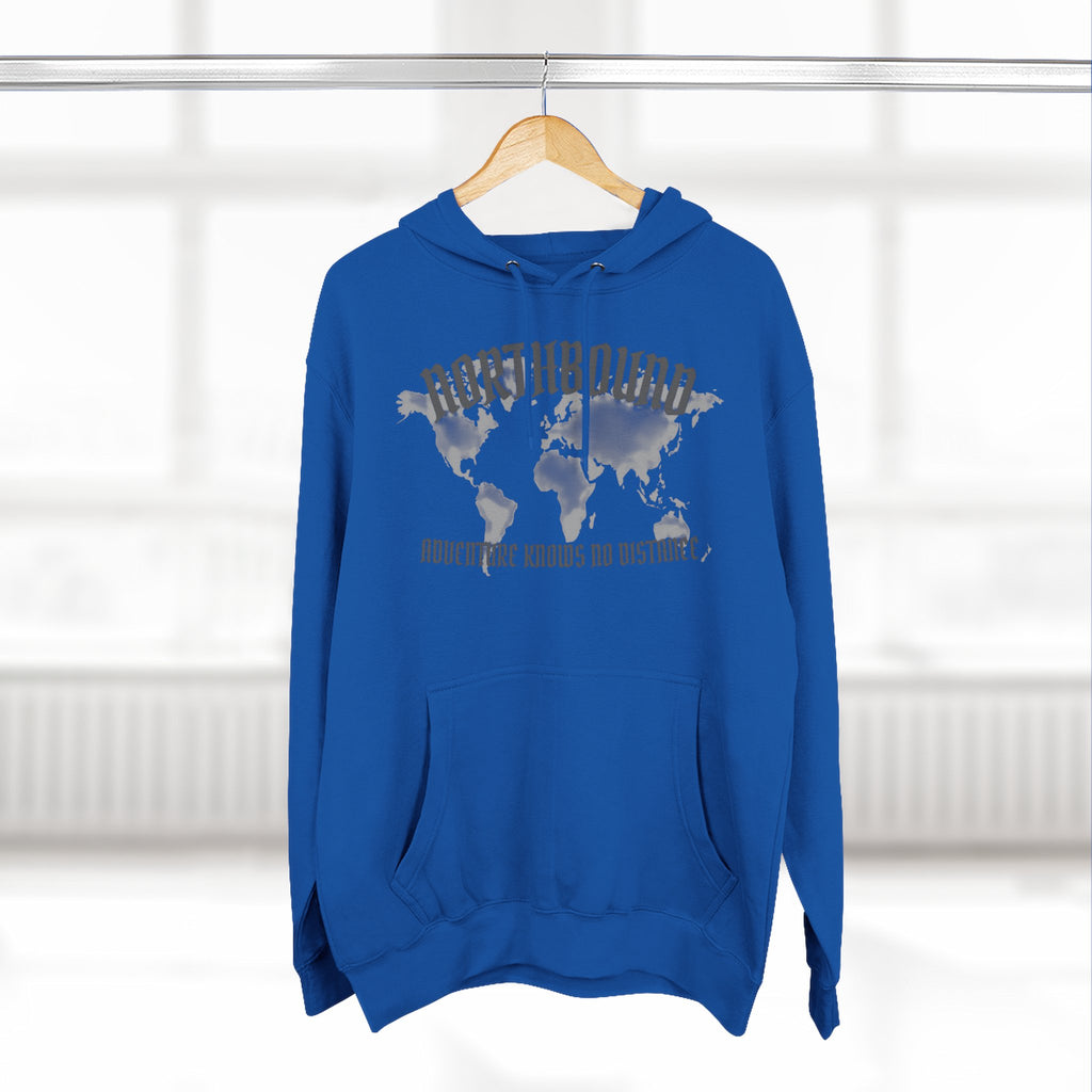 Northbound World Map Hoodie — Adventure Travel Graphic Pullover ("Northbound: No Matter the Roads No Distance")