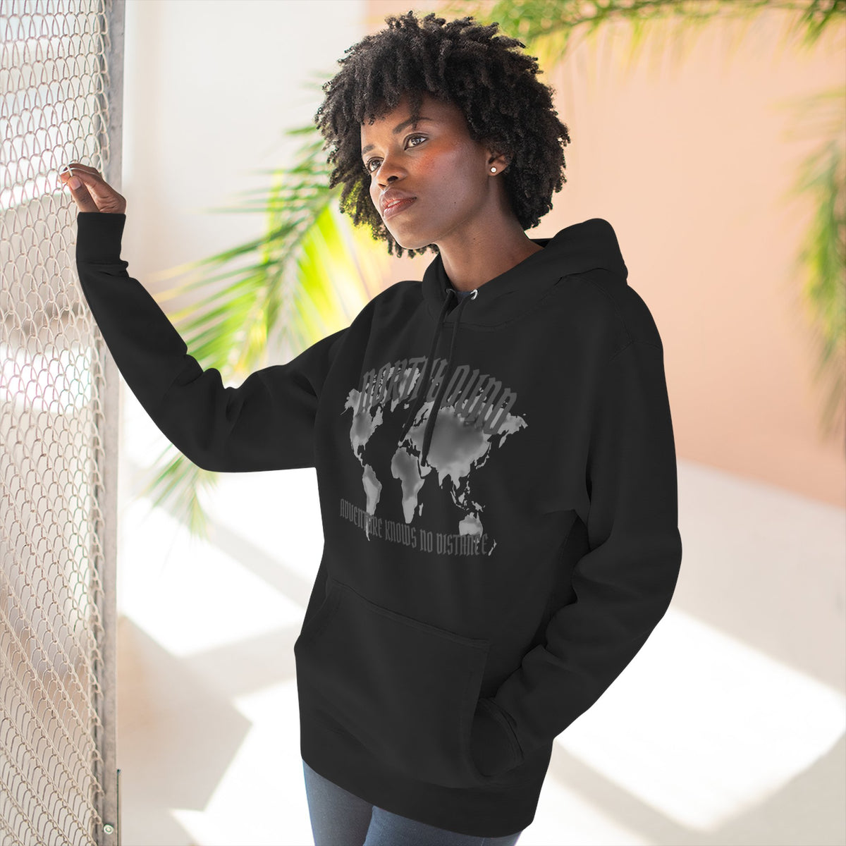 Northbound World Map Hoodie — Adventure Travel Graphic Pullover ("Northbound: No Matter the Roads No Distance")