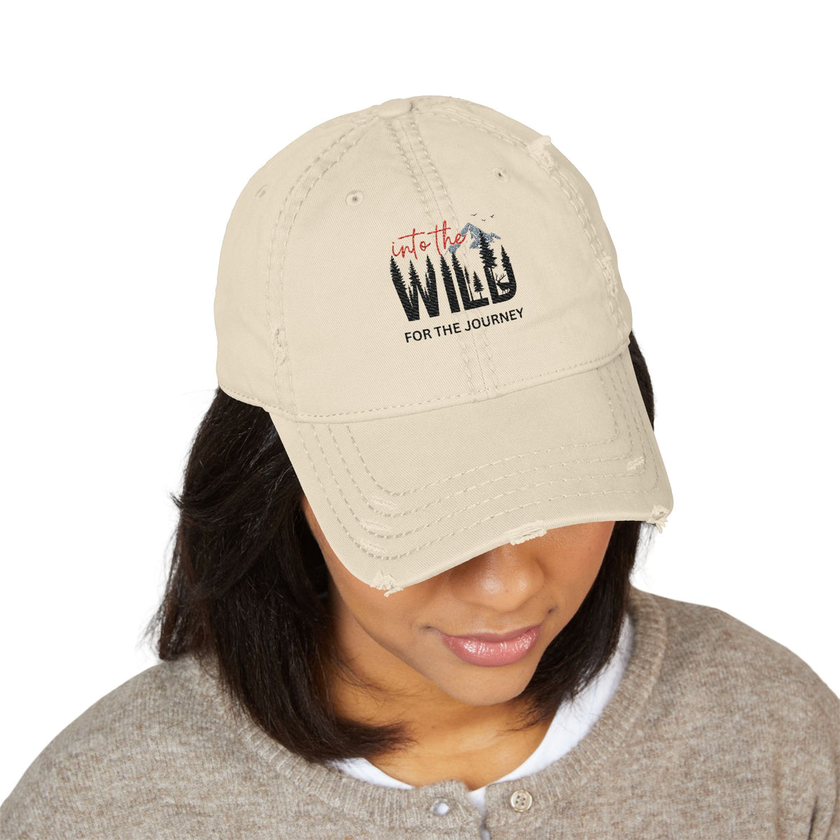 Distressed Embroidered Dad Hat — Wild Pack The Journey Graphic Cap