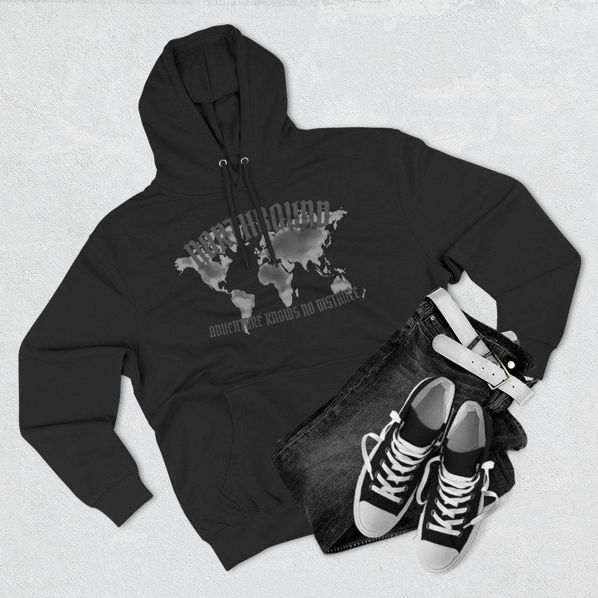 Northbound World Map Hoodie — Adventure Travel Graphic Pullover ("Northbound: No Matter the Roads No Distance")