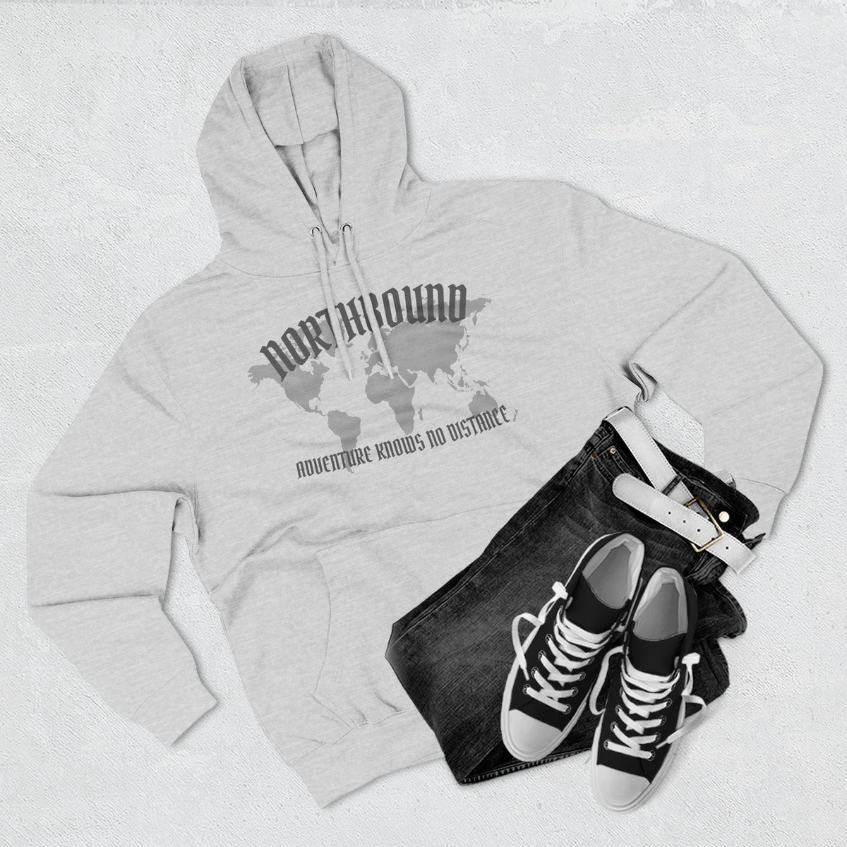 Northbound World Map Hoodie — Adventure Travel Graphic Pullover ("Northbound: No Matter the Roads No Distance")