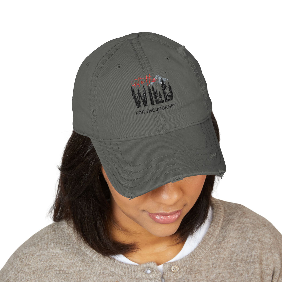 Distressed Embroidered Dad Hat — Wild Pack The Journey Graphic Cap