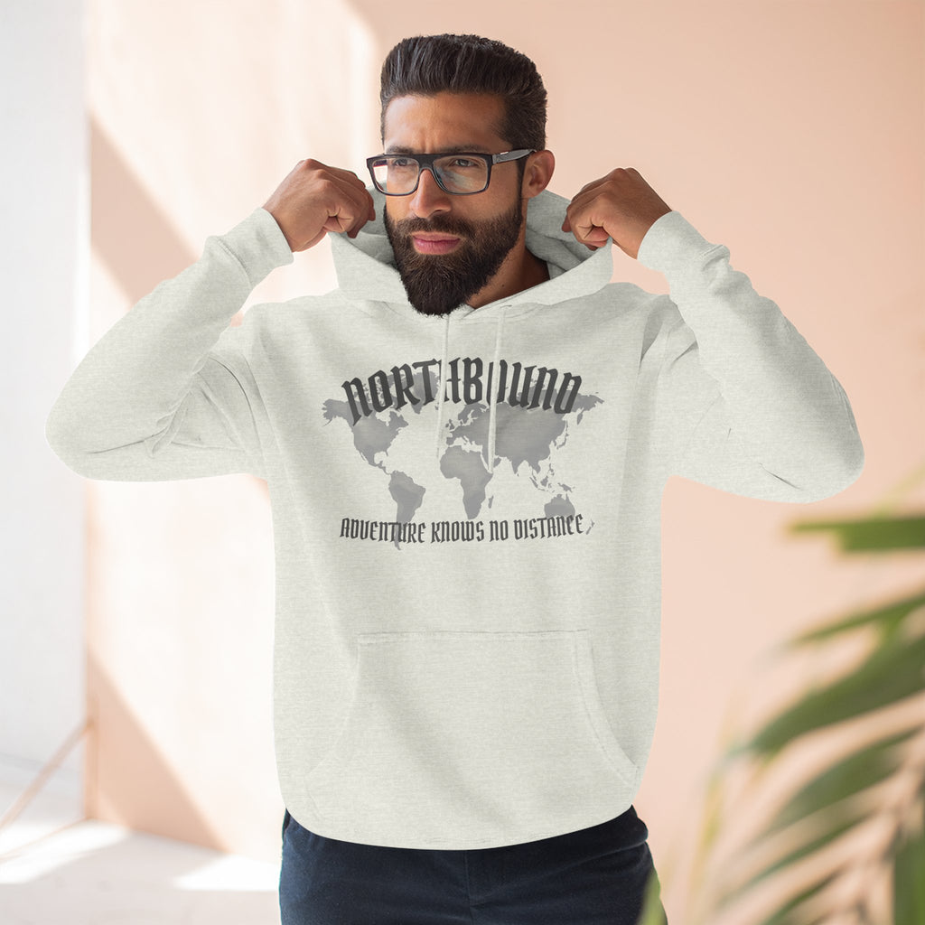 Northbound World Map Hoodie — Adventure Travel Graphic Pullover ("Northbound: No Matter the Roads No Distance")