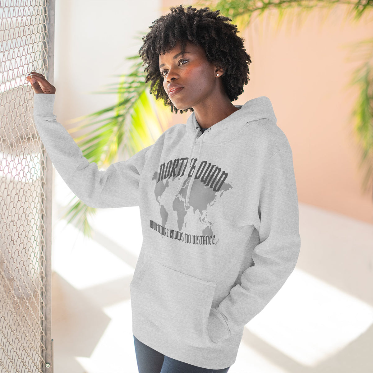 Northbound World Map Hoodie — Adventure Travel Graphic Pullover ("Northbound: No Matter the Roads No Distance")