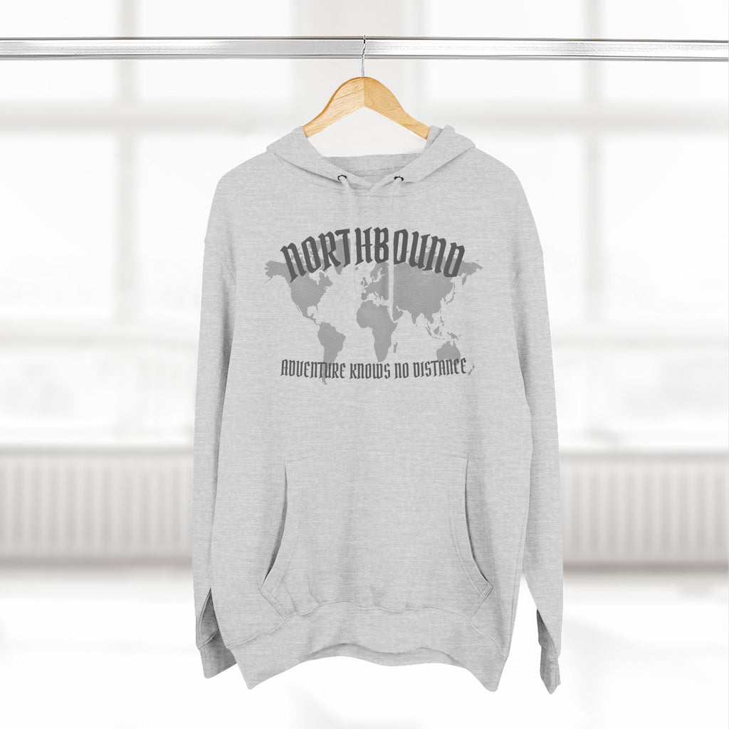 Northbound World Map Hoodie — Adventure Travel Graphic Pullover ("Northbound: No Matter the Roads No Distance")
