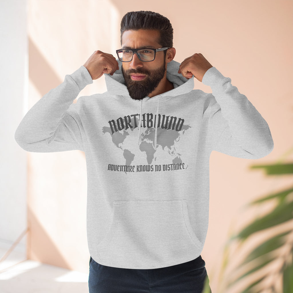 Northbound World Map Hoodie — Adventure Travel Graphic Pullover ("Northbound: No Matter the Roads No Distance")