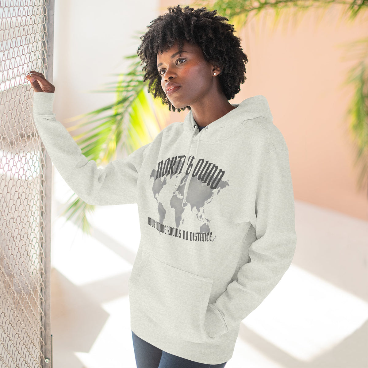 Northbound World Map Hoodie — Adventure Travel Graphic Pullover ("Northbound: No Matter the Roads No Distance")