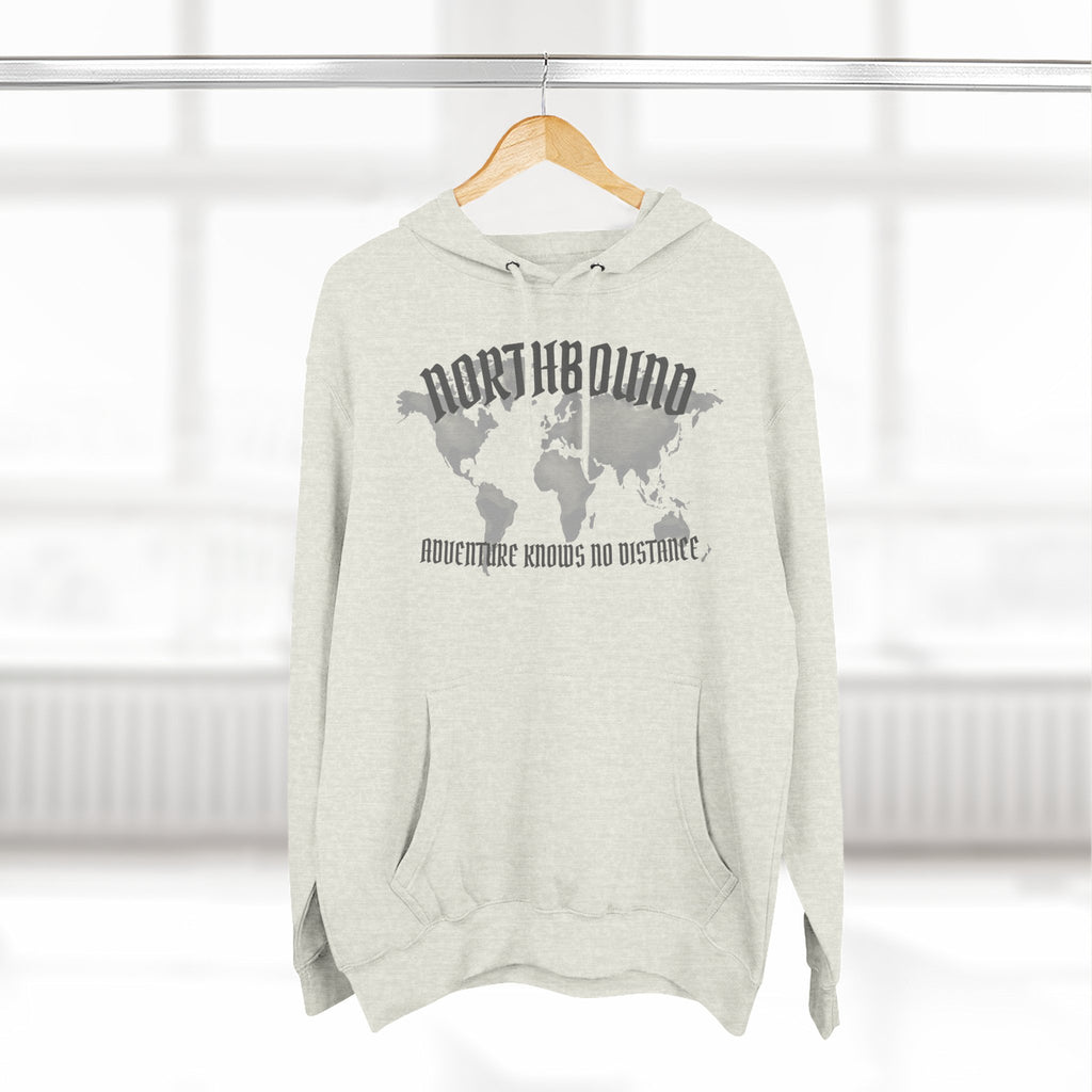 Northbound World Map Hoodie — Adventure Travel Graphic Pullover ("Northbound: No Matter the Roads No Distance")
