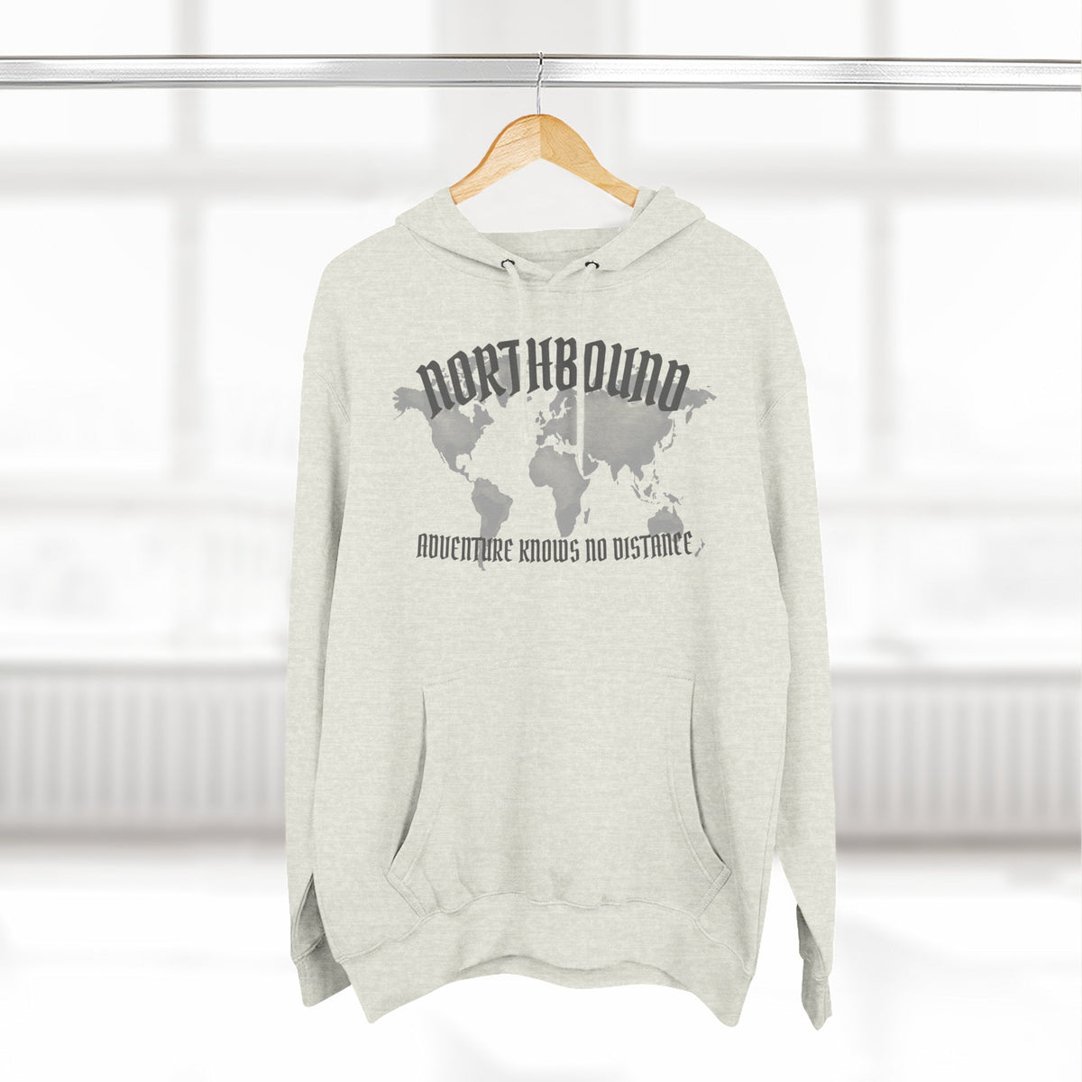 Northbound World Map Hoodie — Adventure Travel Graphic Pullover ("Northbound: No Matter the Roads No Distance")