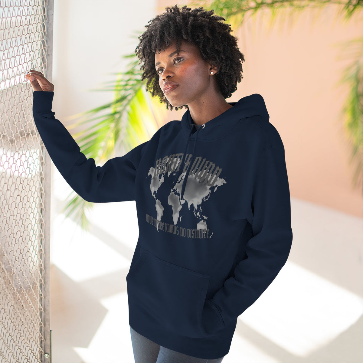 Northbound World Map Hoodie — Adventure Travel Graphic Pullover ("Northbound: No Matter the Roads No Distance")