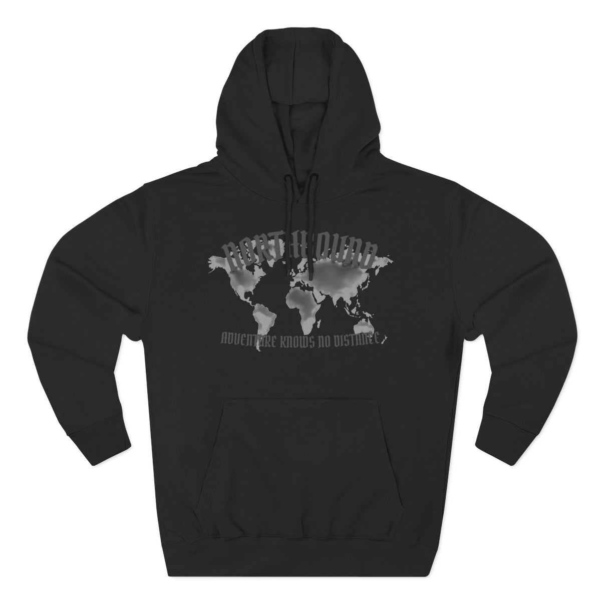 Northbound World Map Hoodie — Adventure Travel Graphic Pullover ("Northbound: No Matter the Roads No Distance")