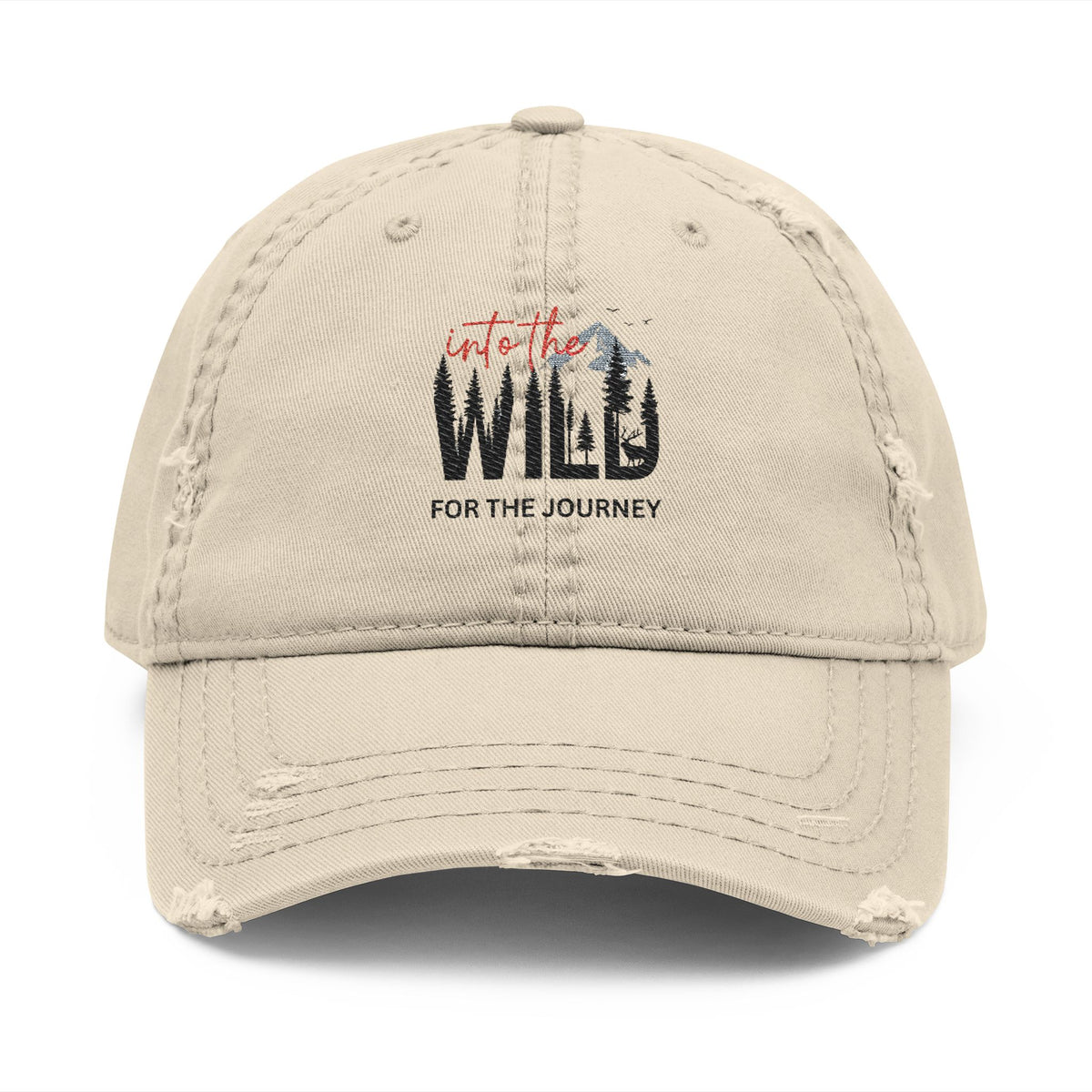 Distressed Embroidered Dad Hat — Wild Pack The Journey Graphic Cap