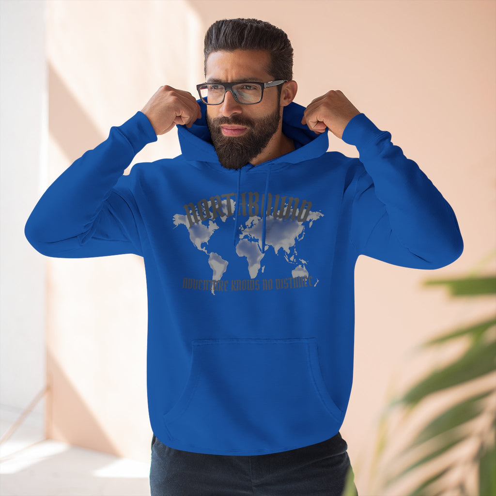 Northbound World Map Hoodie — Adventure Travel Graphic Pullover ("Northbound: No Matter the Roads No Distance")