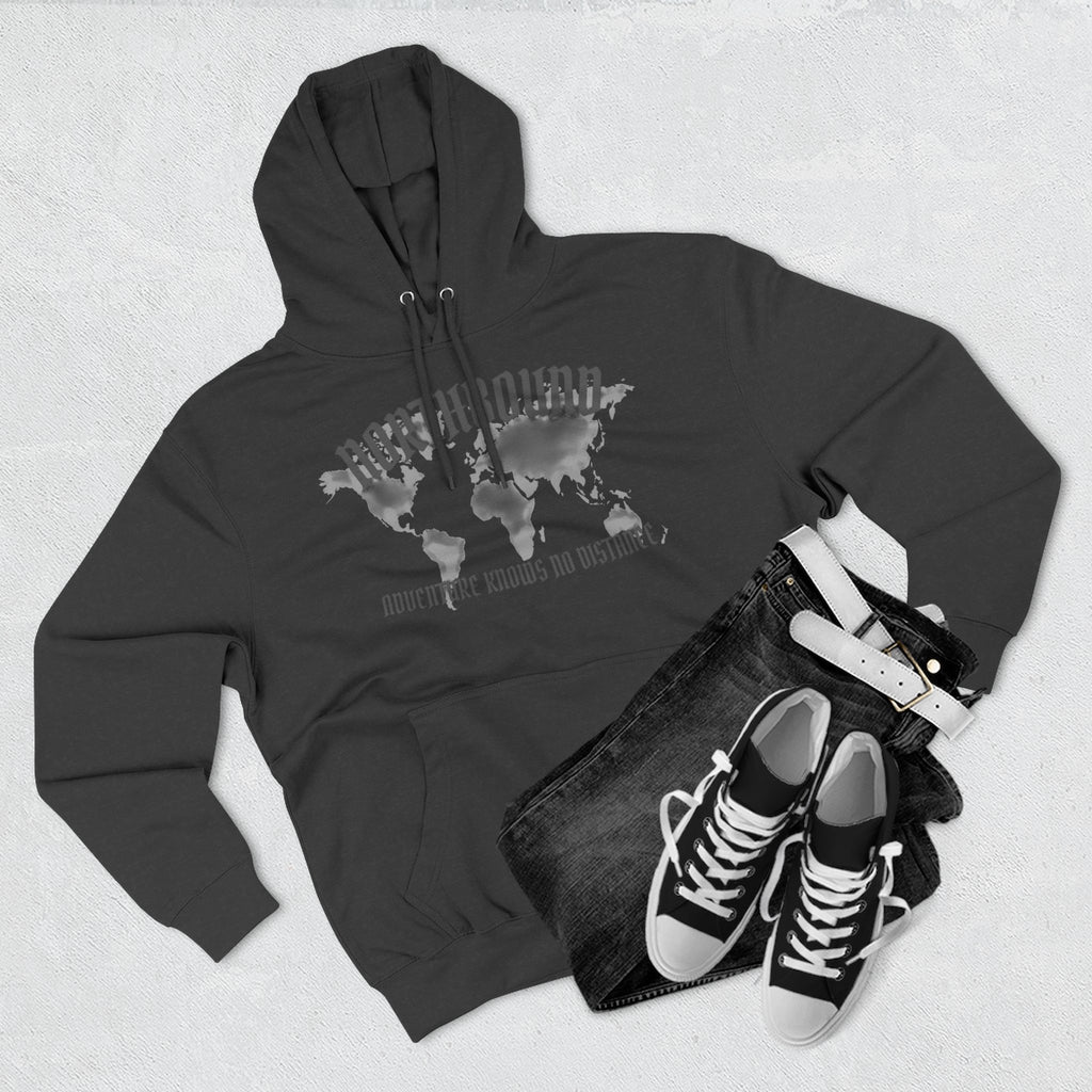 Northbound World Map Hoodie — Adventure Travel Graphic Pullover ("Northbound: No Matter the Roads No Distance")