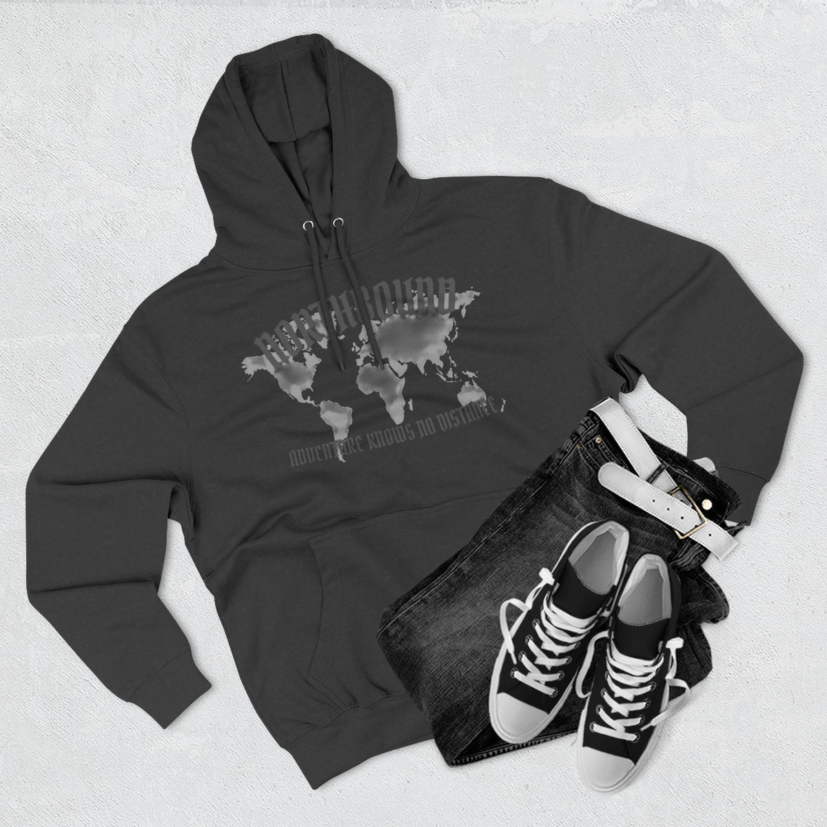 Northbound World Map Hoodie — Adventure Travel Graphic Pullover ("Northbound: No Matter the Roads No Distance")