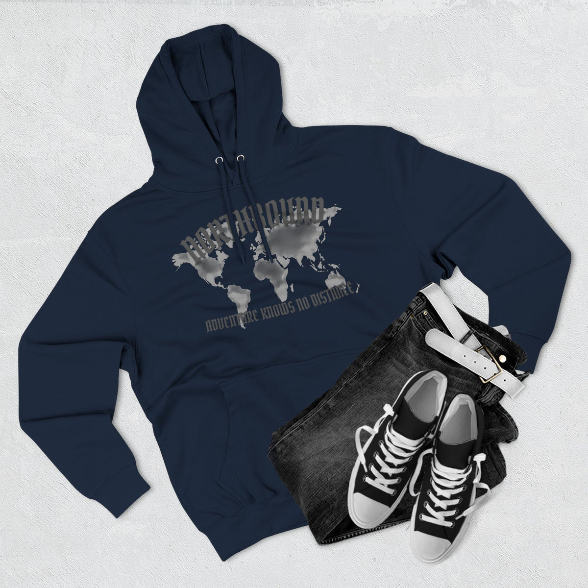 Northbound World Map Hoodie — Adventure Travel Graphic Pullover ("Northbound: No Matter the Roads No Distance")