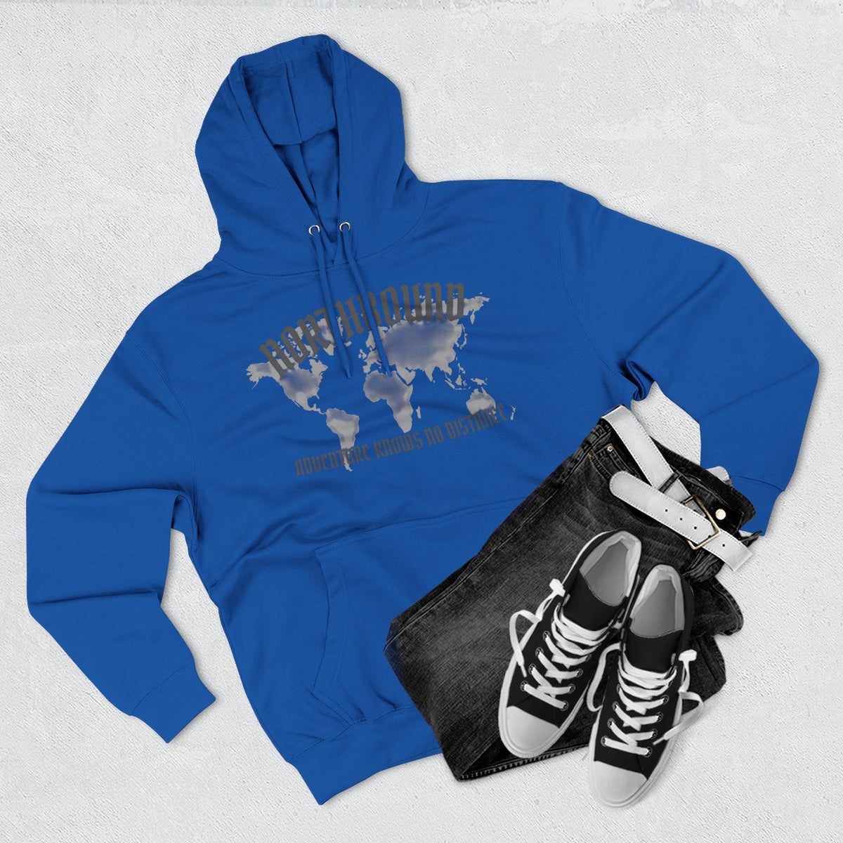 Northbound World Map Hoodie — Adventure Travel Graphic Pullover ("Northbound: No Matter the Roads No Distance")