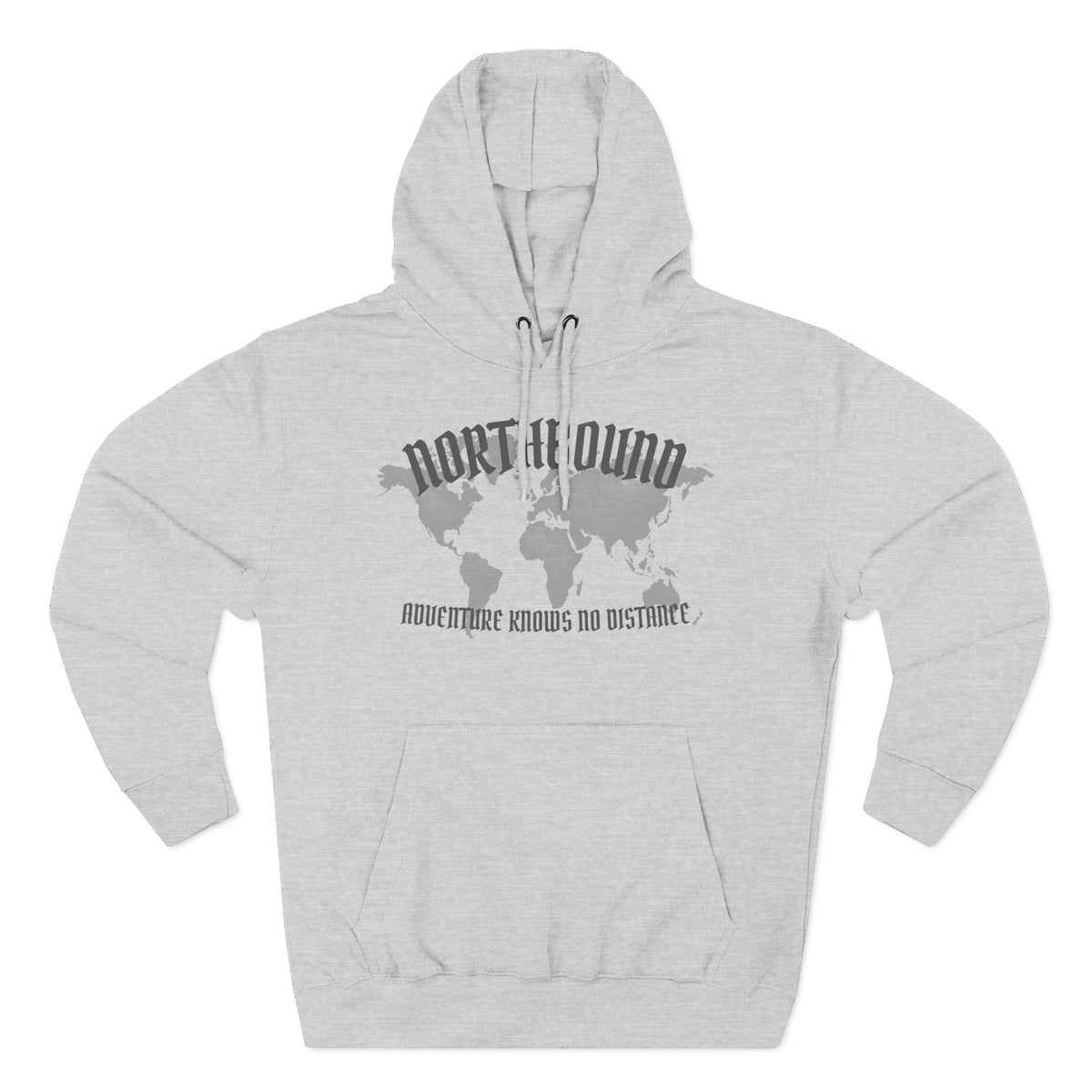 Northbound World Map Hoodie — Adventure Travel Graphic Pullover ("Northbound: No Matter the Roads No Distance")