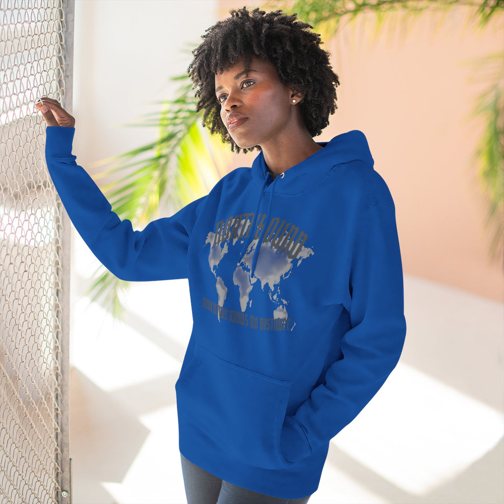 Northbound World Map Hoodie — Adventure Travel Graphic Pullover ("Northbound: No Matter the Roads No Distance")