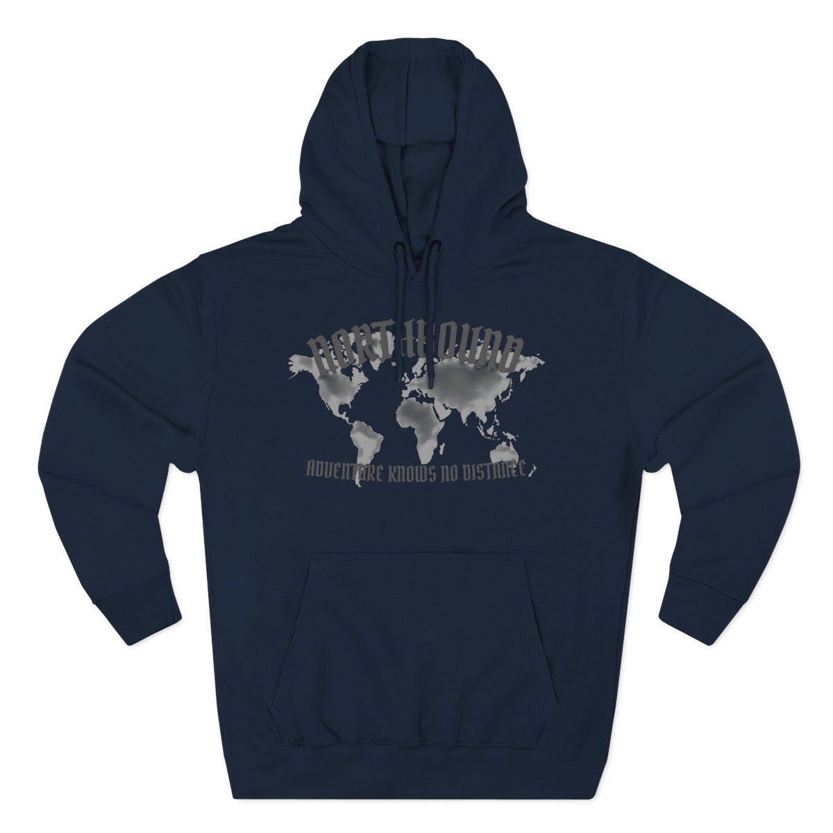 Northbound World Map Hoodie — Adventure Travel Graphic Pullover ("Northbound: No Matter the Roads No Distance")