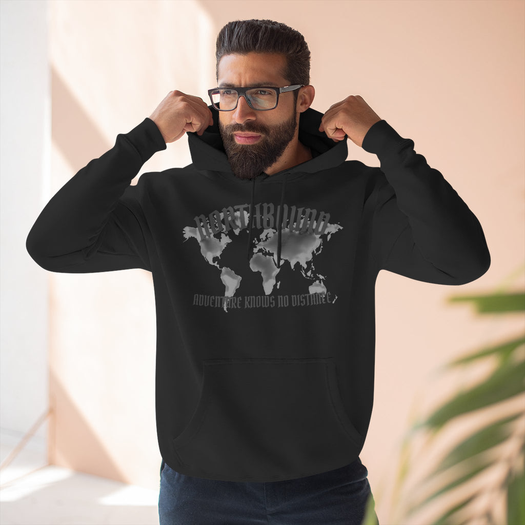 Northbound World Map Hoodie — Adventure Travel Graphic Pullover ("Northbound: No Matter the Roads No Distance")