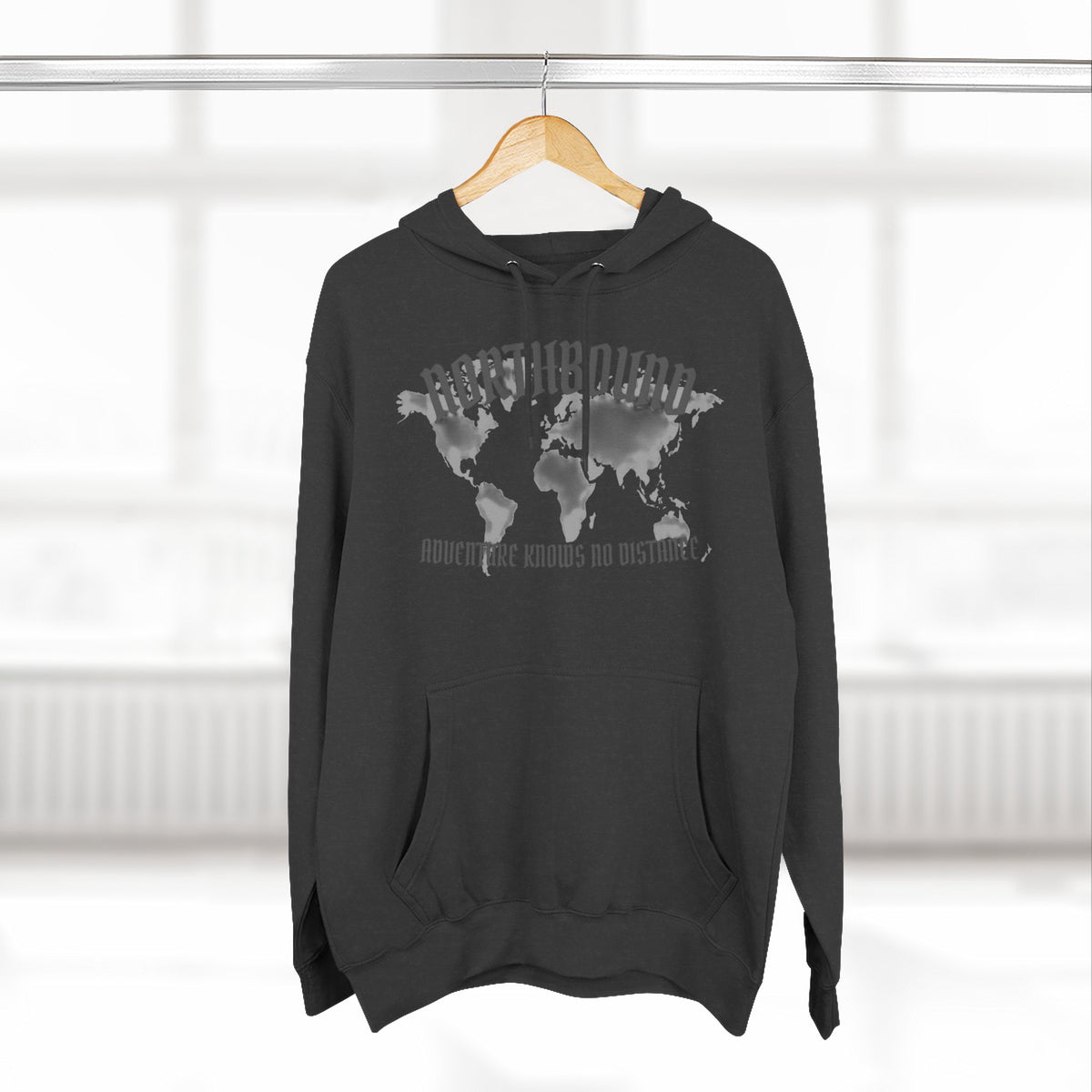 Northbound World Map Hoodie — Adventure Travel Graphic Pullover ("Northbound: No Matter the Roads No Distance")
