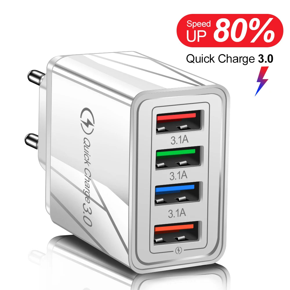 4-Port USB Fast Charger Wall Plug — Quick Charge 3.0 for iPhone & Android