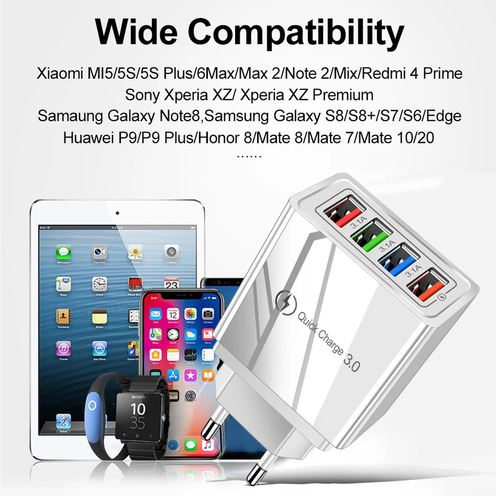 4-Port USB Fast Charger Wall Plug — Quick Charge 3.0 for iPhone & Android