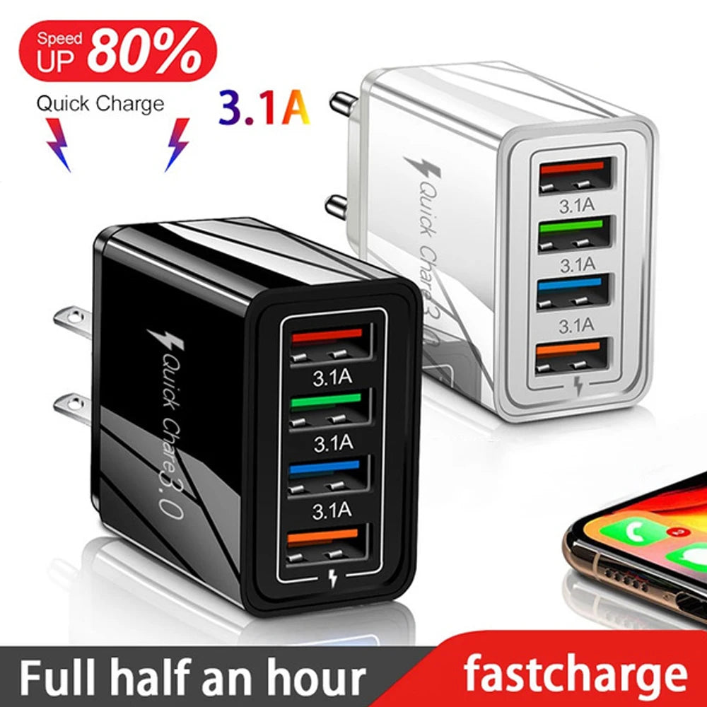 4-Port USB Fast Charger Wall Plug — Quick Charge 3.0 for iPhone & Android