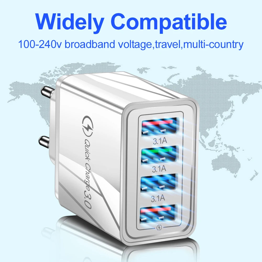 4-Port USB Fast Charger Wall Plug — Quick Charge 3.0 for iPhone & Android
