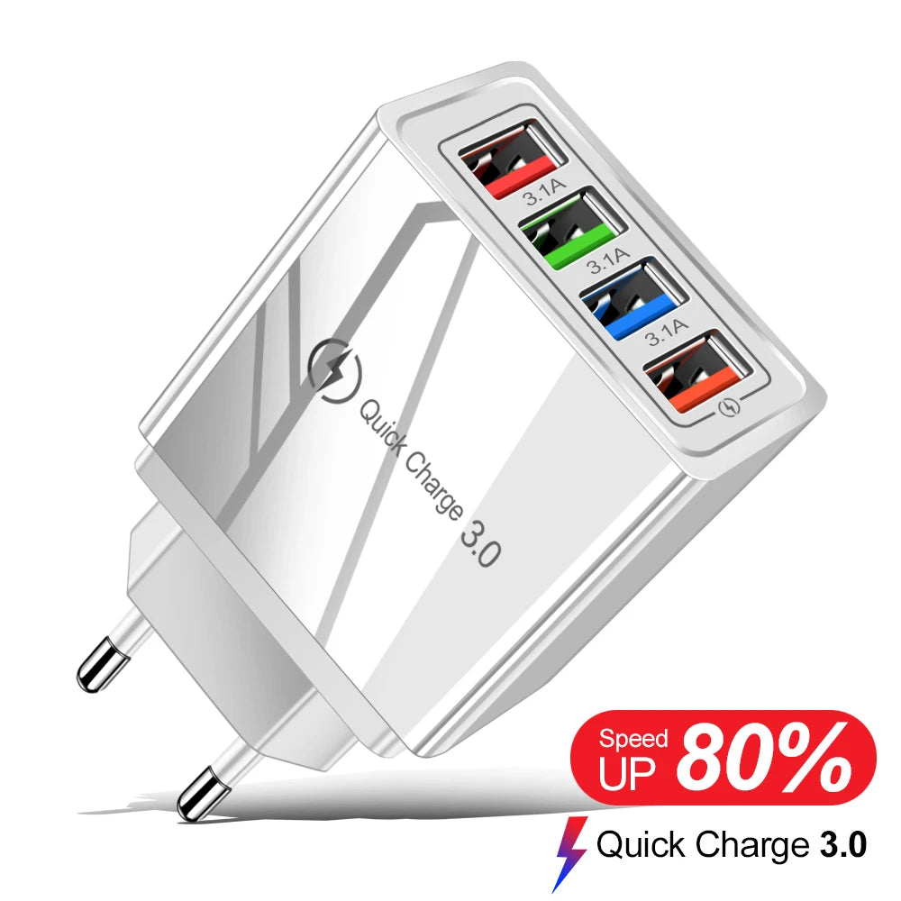 4-Port USB Fast Charger Wall Plug — Quick Charge 3.0 for iPhone & Android
