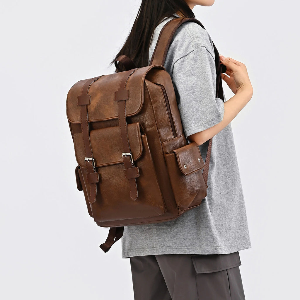 Retro PU Leather Laptop Backpack — Large Capacity Campus & Travel Rucksack