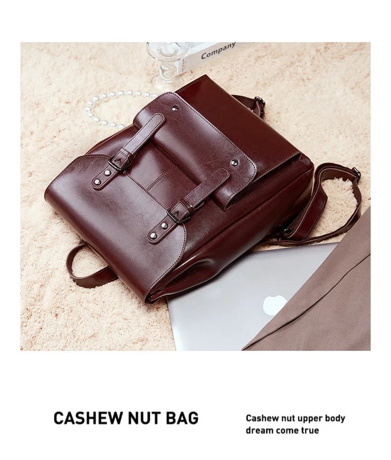 Women Genuine Leather Backpack Durable Cowhide Laptop Bag 14 Inch Multiple Pocket British Vintage College Style Unisex Rucksack