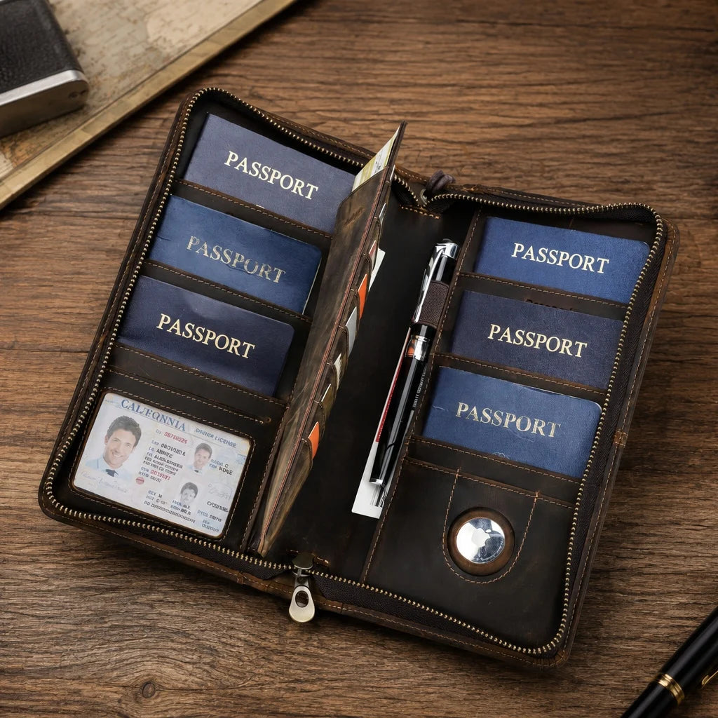 Leather Family Passport Wallet with AirTag Slot