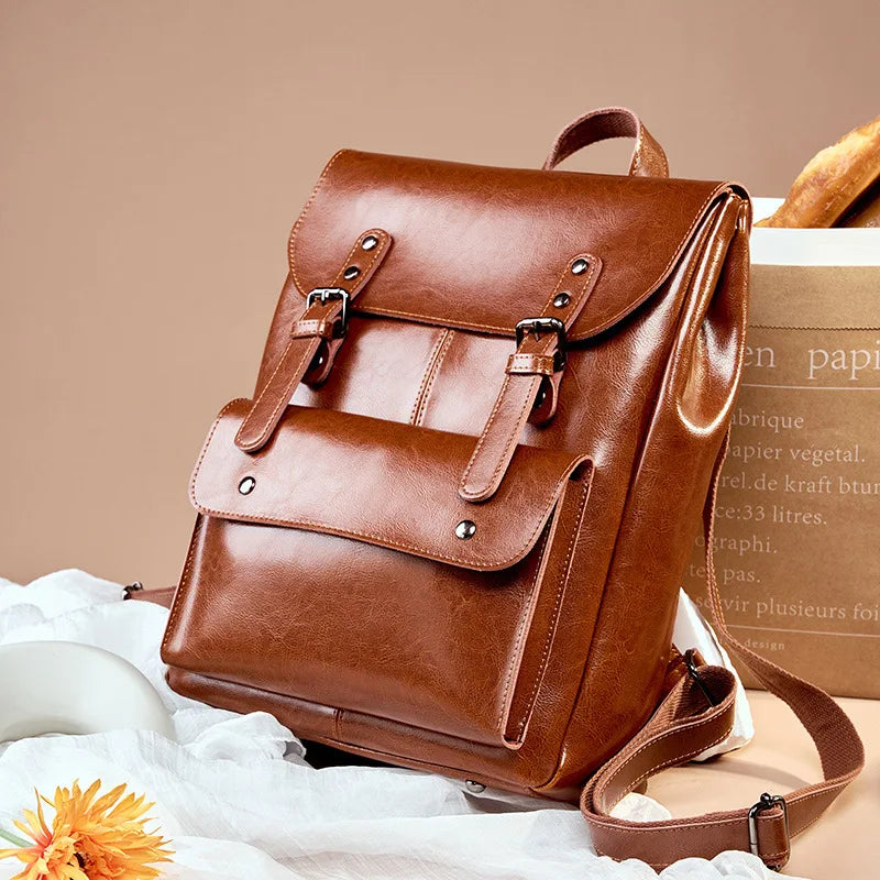 Women Genuine Leather Backpack Durable Cowhide Laptop Bag 14 Inch Multiple Pocket British Vintage College Style Unisex Rucksack