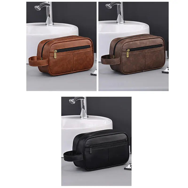 Vintage Leather Wash Bag — Large Capacity Travel Toiletry Pouch