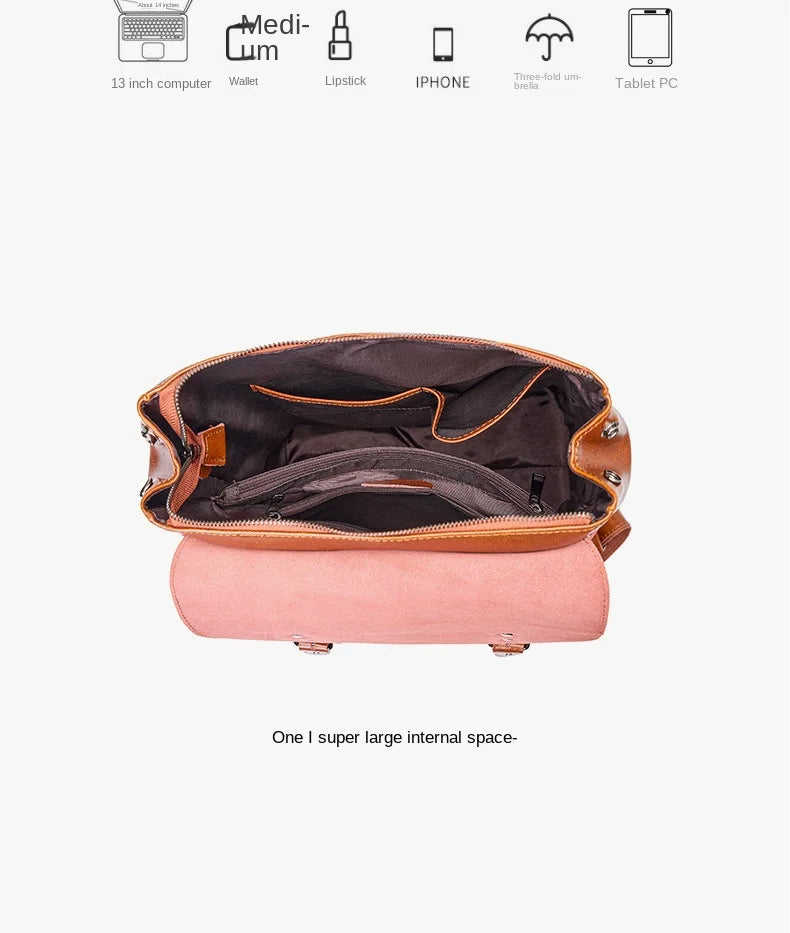 Women Genuine Leather Backpack Durable Cowhide Laptop Bag 14 Inch Multiple Pocket British Vintage College Style Unisex Rucksack