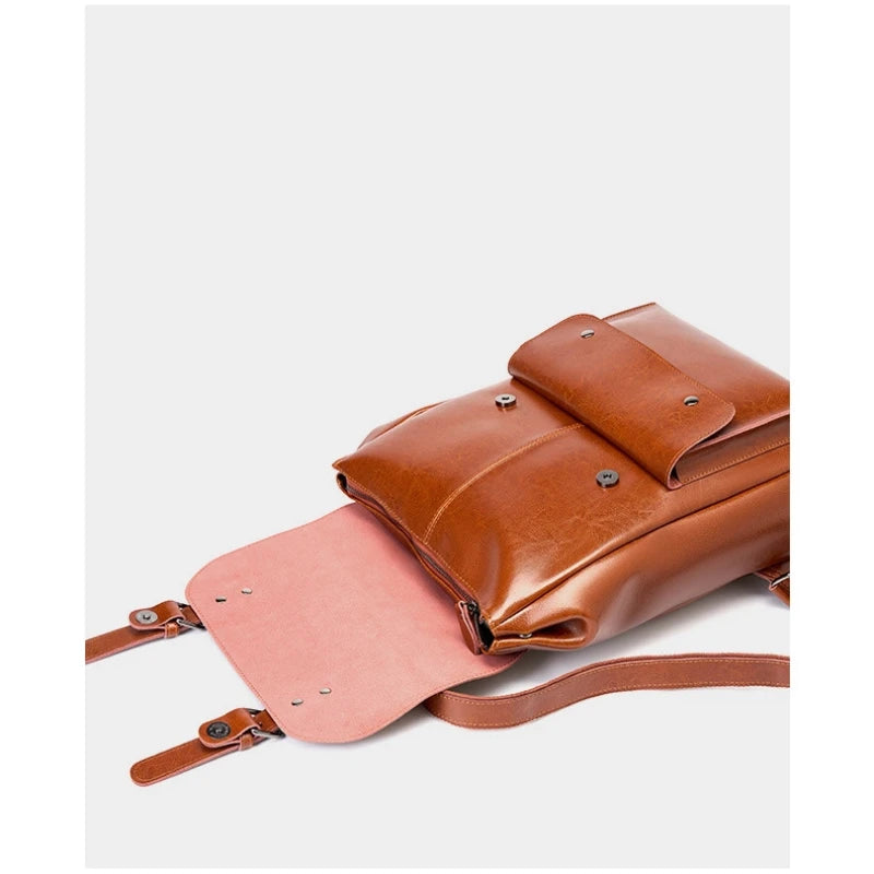 Women Genuine Leather Backpack Durable Cowhide Laptop Bag 14 Inch Multiple Pocket British Vintage College Style Unisex Rucksack