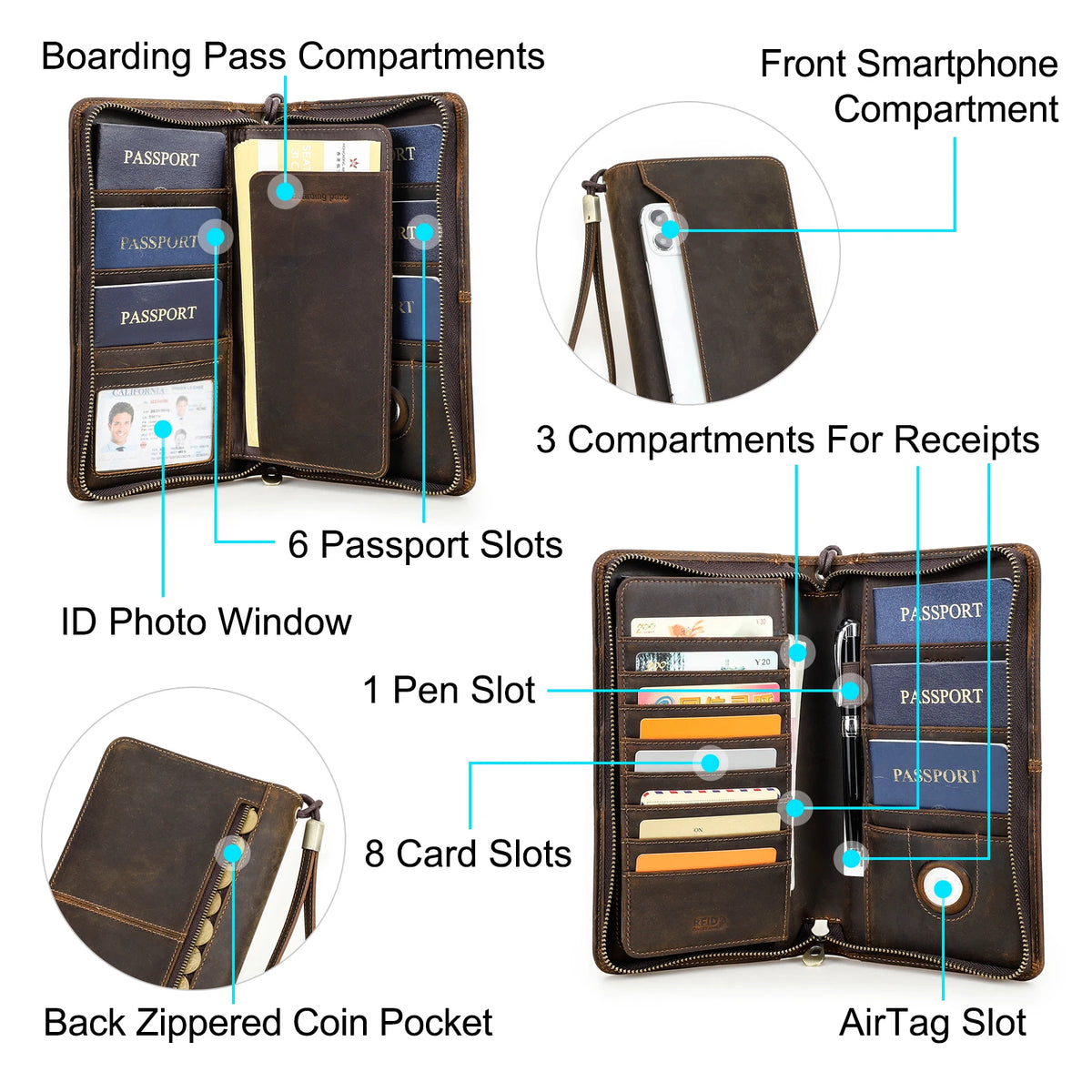 Leather Family Passport Wallet with AirTag Slot