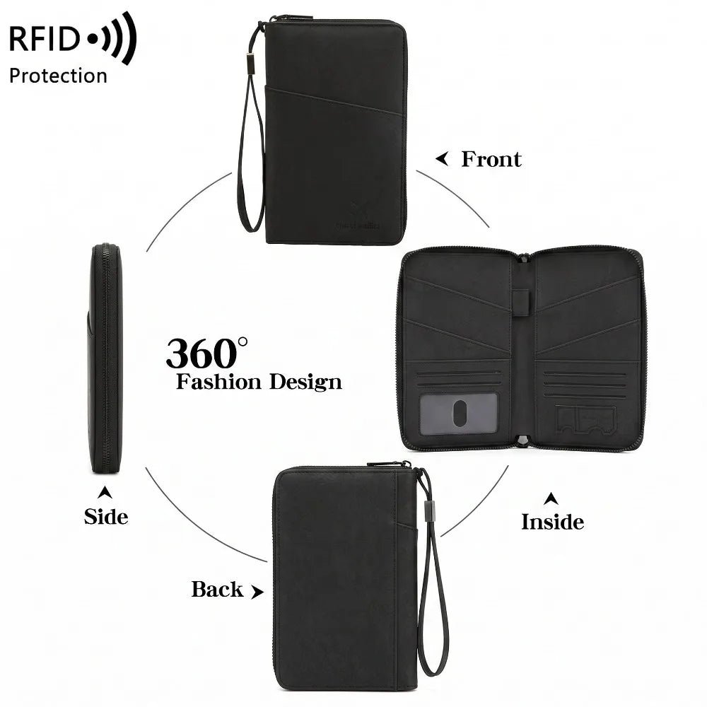 RFID Family Passport Wallet — Leather Travel Organiser with Wrist Strap