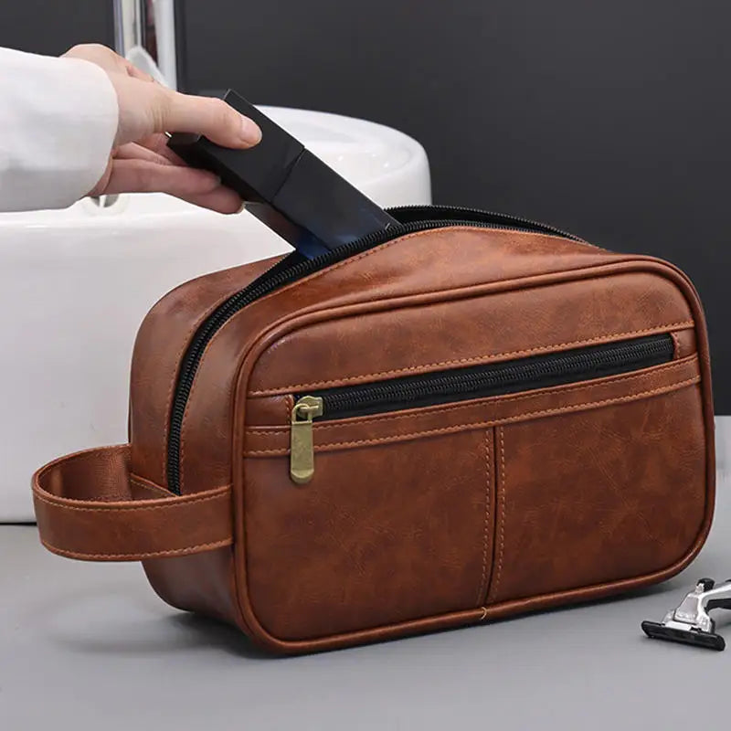 Vintage Leather Wash Bag — Large Capacity Travel Toiletry Pouch