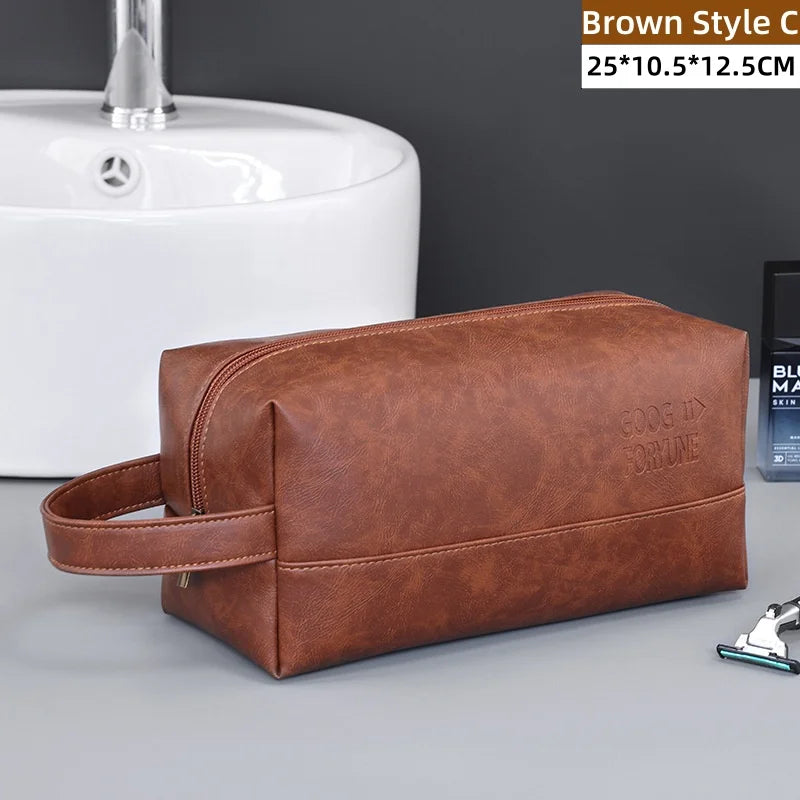 Vintage Leather Wash Bag — Large Capacity Travel Toiletry Pouch