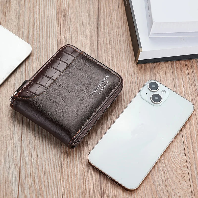 RFID Leather Men's Wallet — Zip Coin Pocket & Card Holder