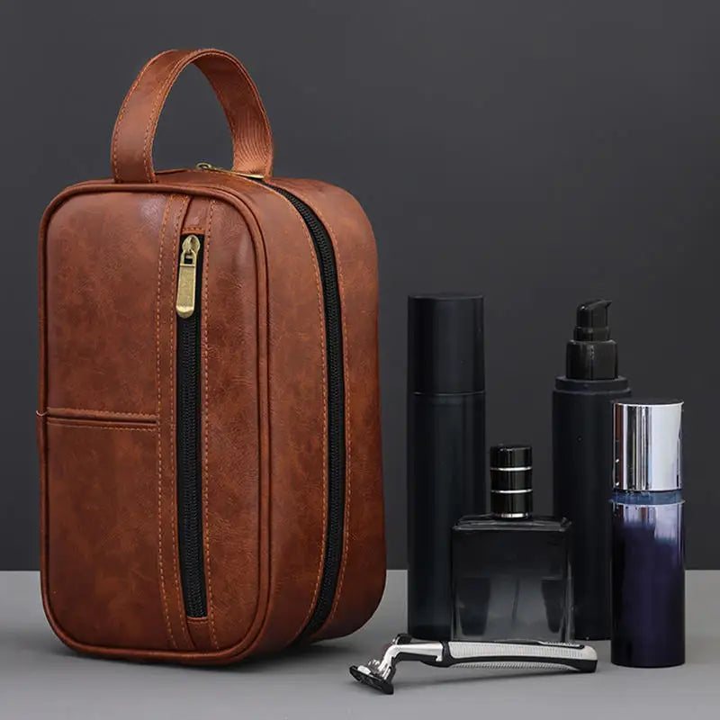 Vintage Leather Wash Bag — Large Capacity Travel Toiletry Pouch
