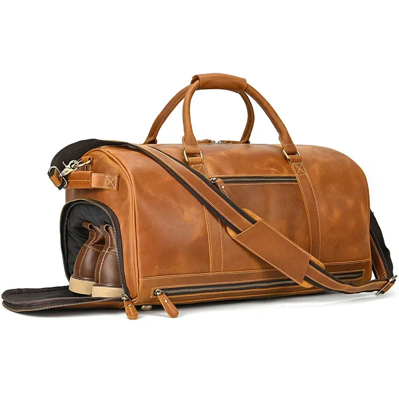 Crazy Horse Leather Travel Bag with Shoe Compartment