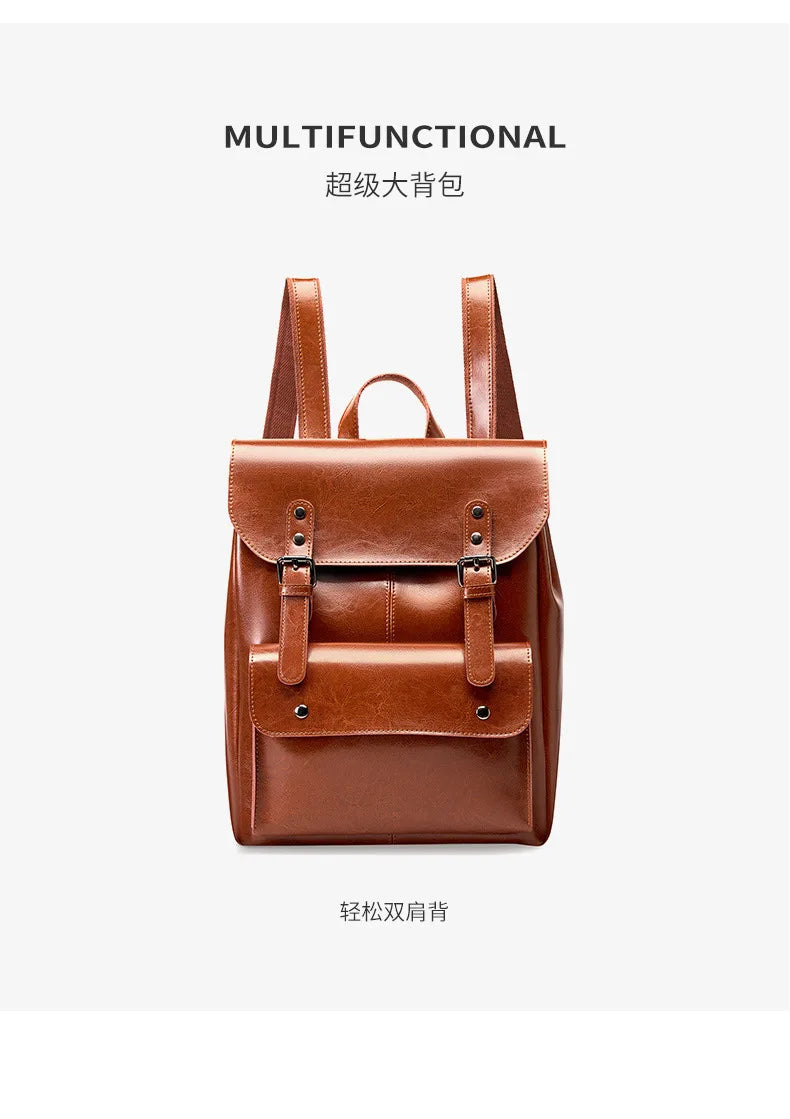 Women Genuine Leather Backpack Durable Cowhide Laptop Bag 14 Inch Multiple Pocket British Vintage College Style Unisex Rucksack