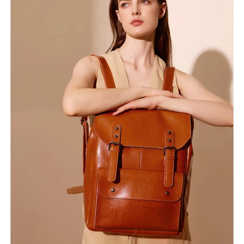 Women Genuine Leather Backpack Durable Cowhide Laptop Bag 14 Inch Multiple Pocket British Vintage College Style Unisex Rucksack