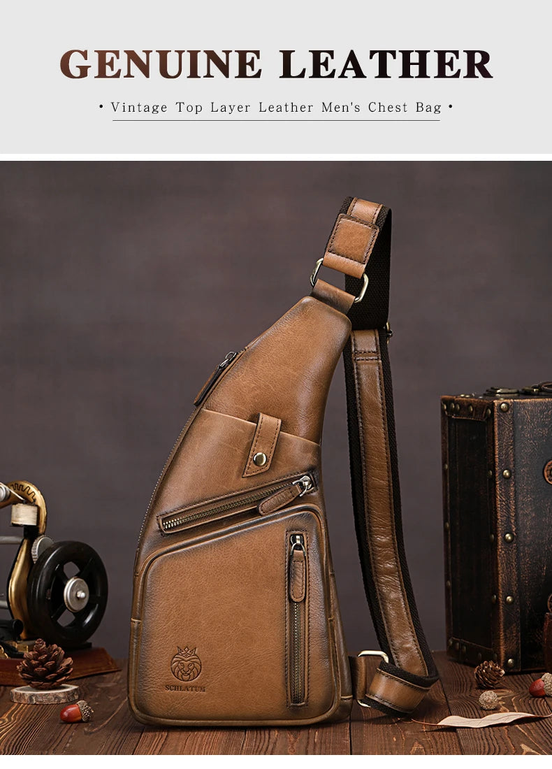 Genuine Leather Crossbody Chest Bag — Vintage Multifunction Travel Sling