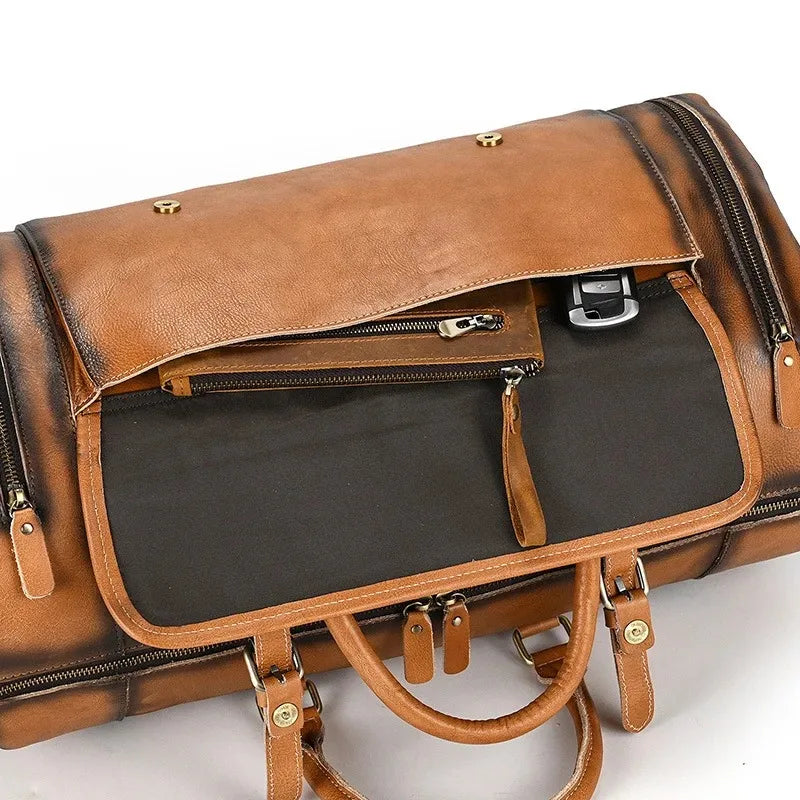 Crazy Horse Leather Travel Bag with Shoe Compartment