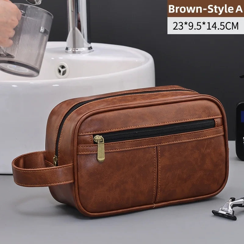 Vintage Leather Wash Bag — Large Capacity Travel Toiletry Pouch